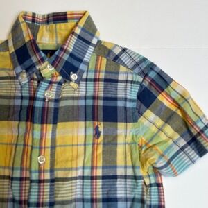 Ralph Lauren Boys 2T Madras Plaid Short Sleeve Button Down Shirt Yellow Blue